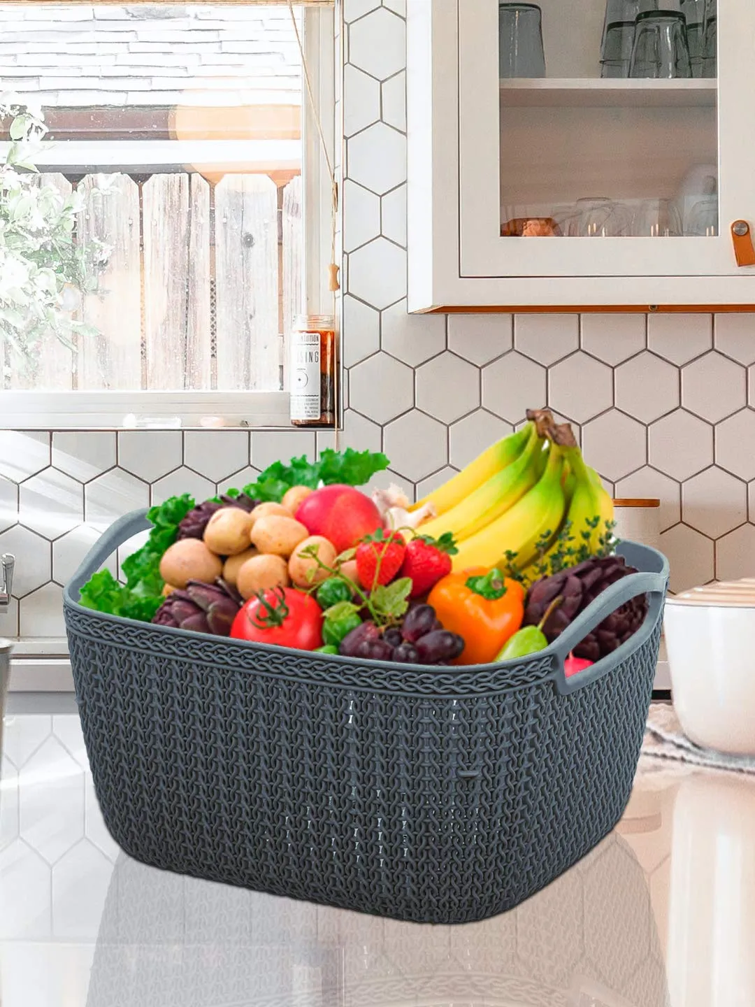 Kuber Industries Q-5 Unbreakable Plastic Multipurpose Medium Size Flexible Storage Baskets/Fruit Vegetable Bathroom Stationary Home Basket with Handles (Grey)