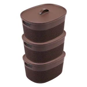 Kuber Industries Unbreakable Medium Multipurpose Storage Baskets with lid|Design-Netted|Material-Plastic|Shape-Oval|Color-Brown|Pack of 3