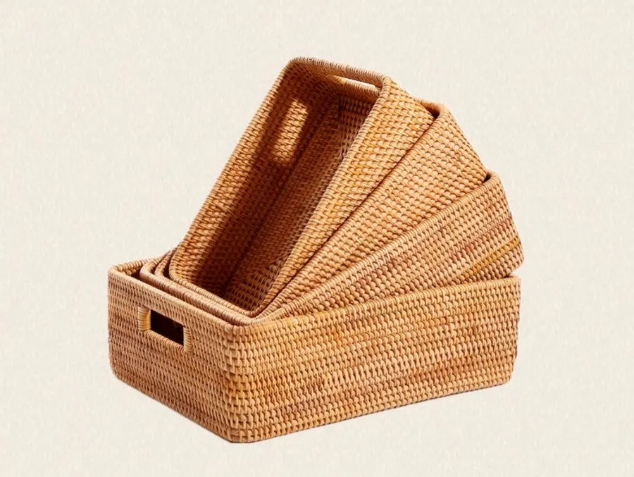 Large Woven Rattan Storage Basket, Rectangular Basket with Handle, Storage Baskets for Living Room