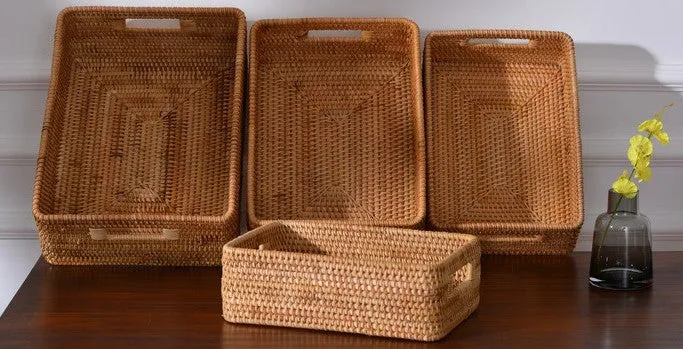 Large Woven Rattan Storage Basket, Rectangular Basket with Handle, Storage Baskets for Living Room