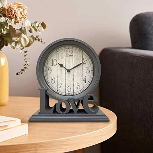 LOSA Round Desk Clock Fireplace Non Ticking Decorative Farmhouse Silent Bedside Gray