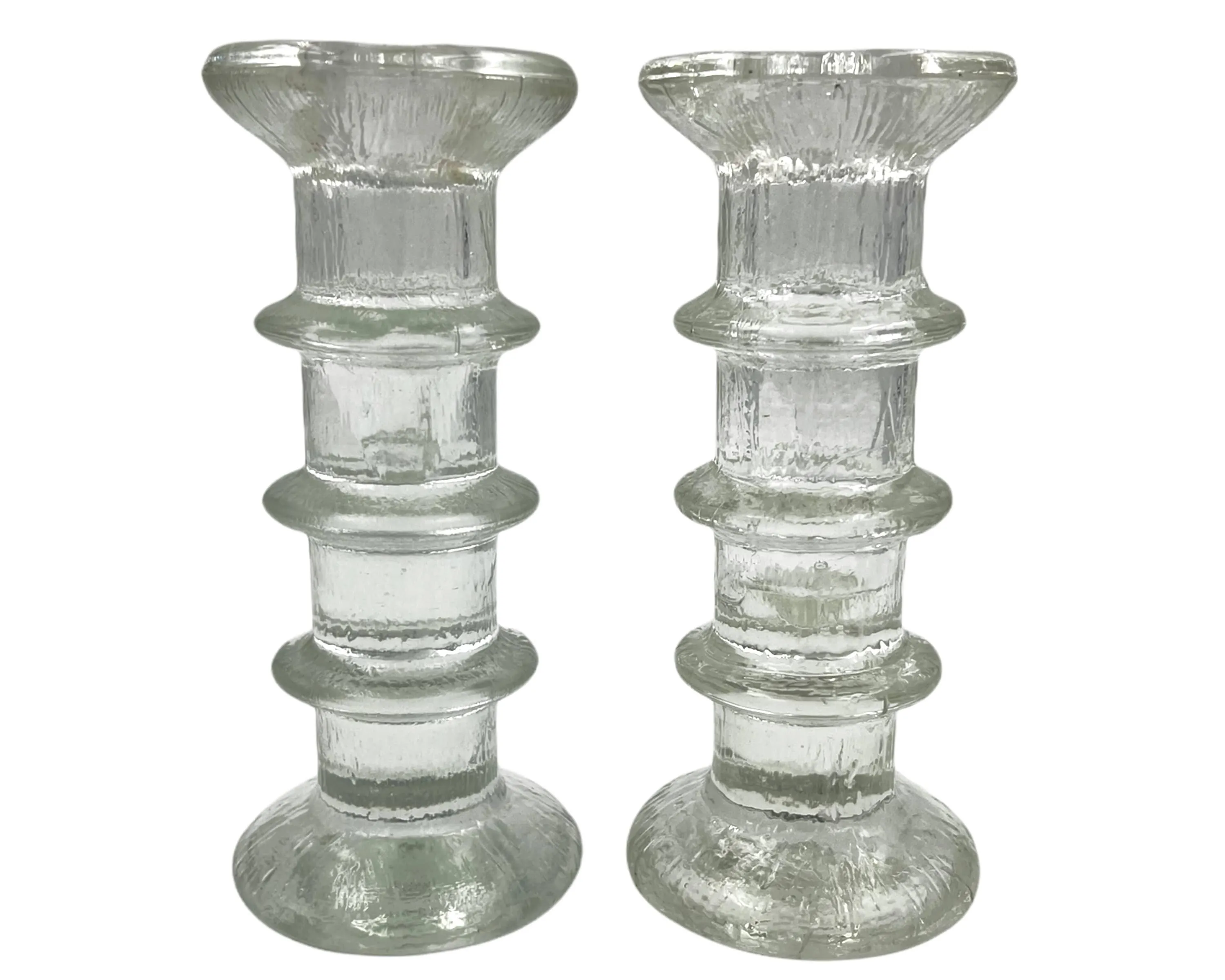 Mid Century Modern 3 Ring Glass Candlesticks 1960s Festivo Style Luminarc