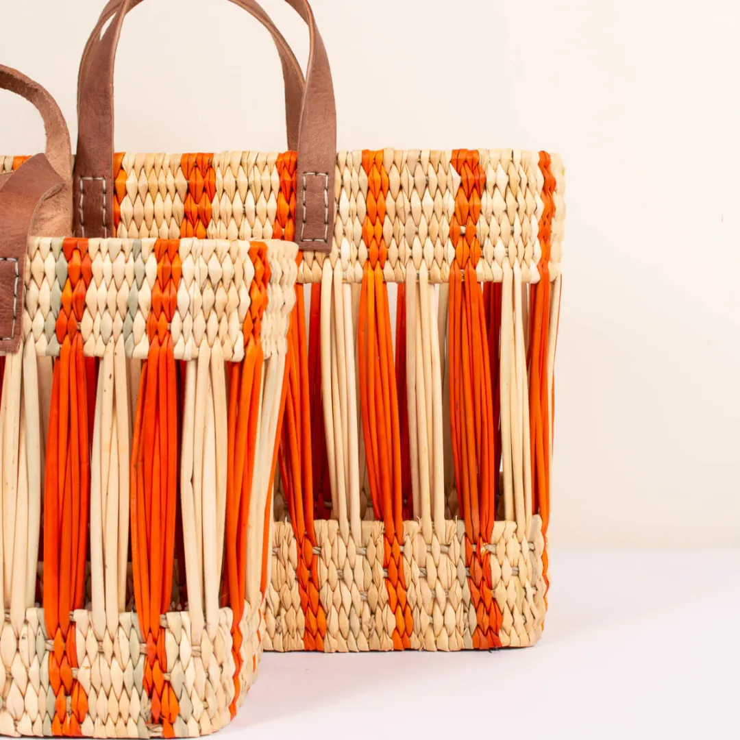 Orange Stripe Decorative Reed Storage Basket