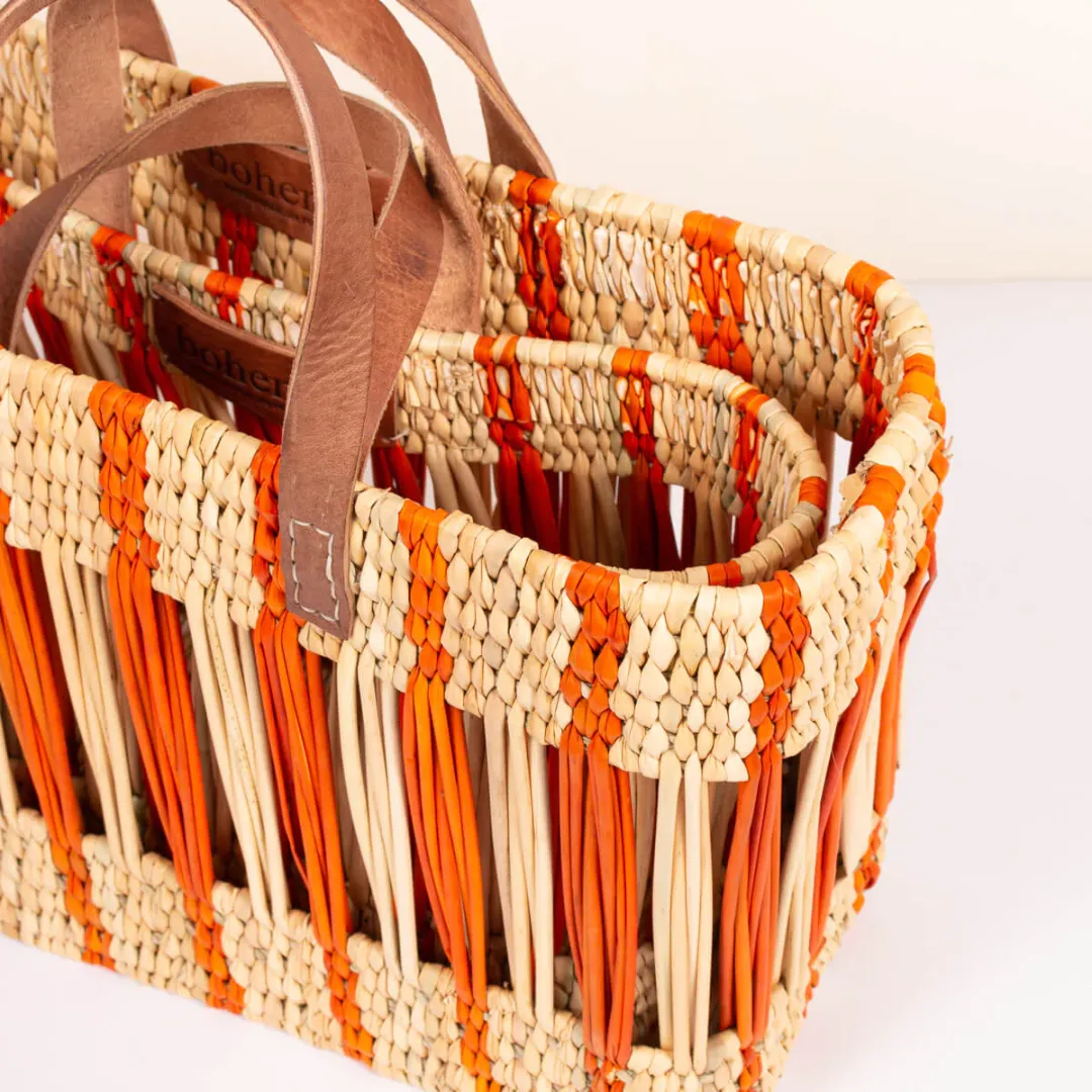 Orange Stripe Decorative Reed Storage Basket