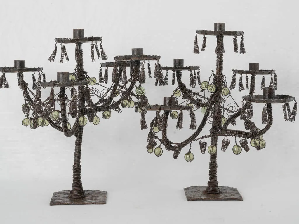 Pair of wirework & glass candelabras w/ black patina 17¼"