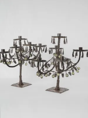 Pair of wirework & glass candelabras w/ black patina 17¼"