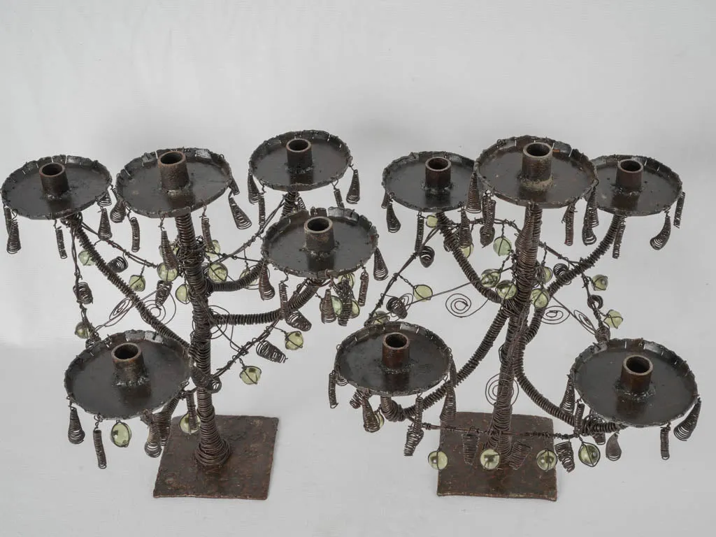 Pair of wirework & glass candelabras w/ black patina 17¼"