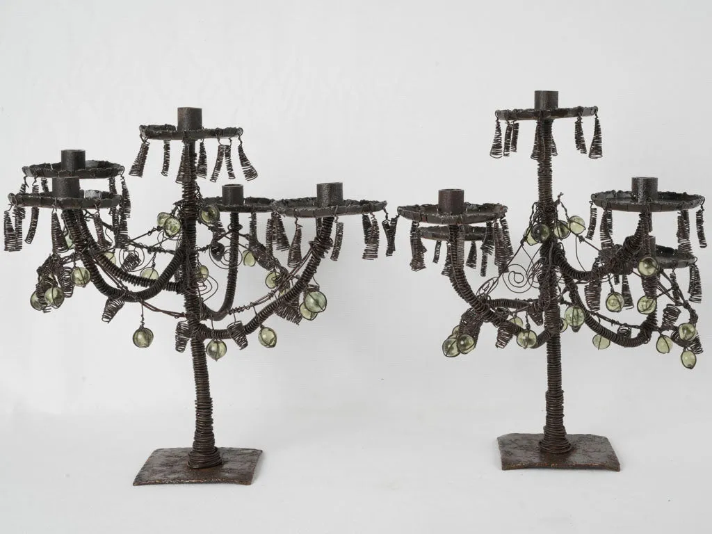 Pair of wirework & glass candelabras w/ black patina 17¼"