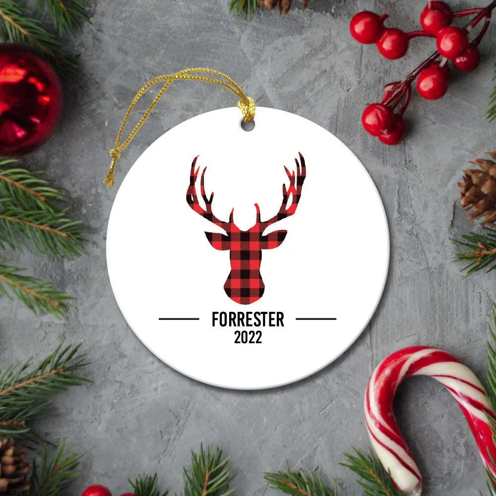 Personalized Red Plaid Deer Christmas Ornament