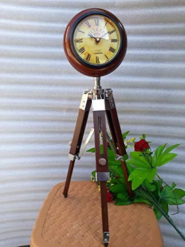 Quality Step Packers Wooden Analog Clock with Antique Wooden Tripod Stand,