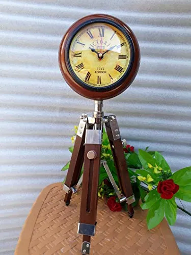 Quality Step Packers Wooden Analog Clock with Antique Wooden Tripod Stand,