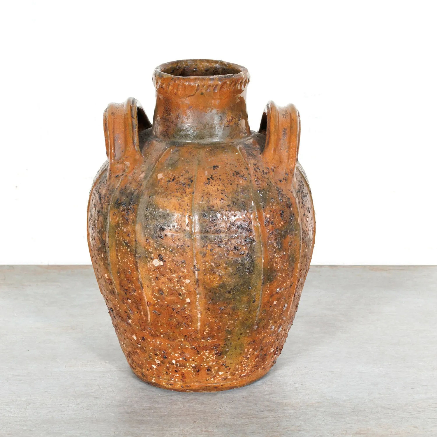 Rare 19th Century French Terracotta Walnut Oil Jug with Orange Glaze