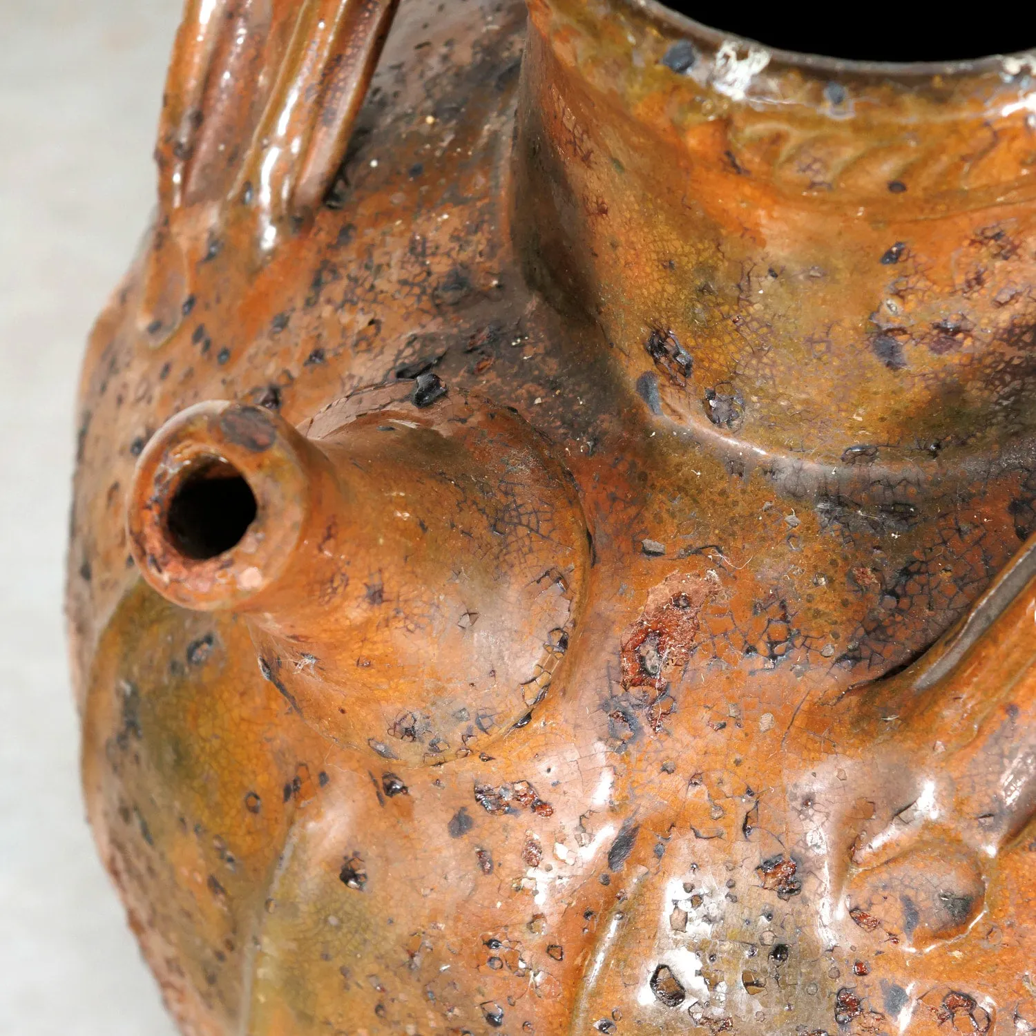 Rare 19th Century French Terracotta Walnut Oil Jug with Orange Glaze