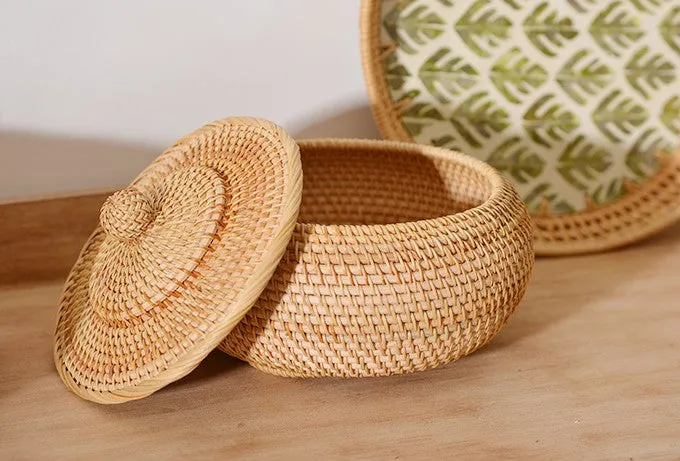 Rattan Storage Basket for Kitchen, Storage Basket for Picnic, Small Storage Baskets, Round Storage Basket with Lid, Woven Storage Baskets