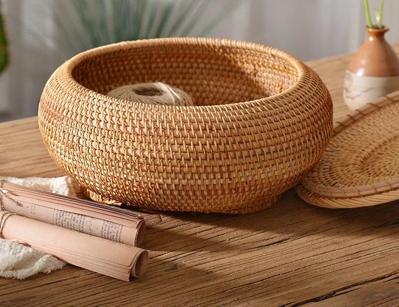 Rattan Storage Basket for Kitchen, Storage Basket for Picnic, Small Storage Baskets, Round Storage Basket with Lid, Woven Storage Baskets