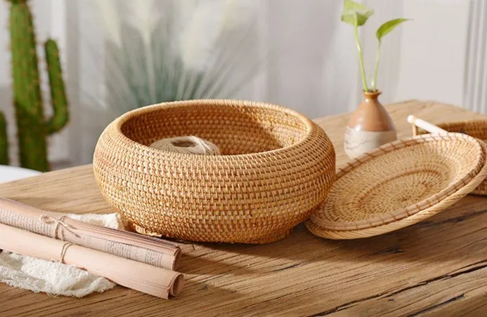 Rattan Storage Basket for Kitchen, Storage Basket for Picnic, Small Storage Baskets, Round Storage Basket with Lid, Woven Storage Baskets