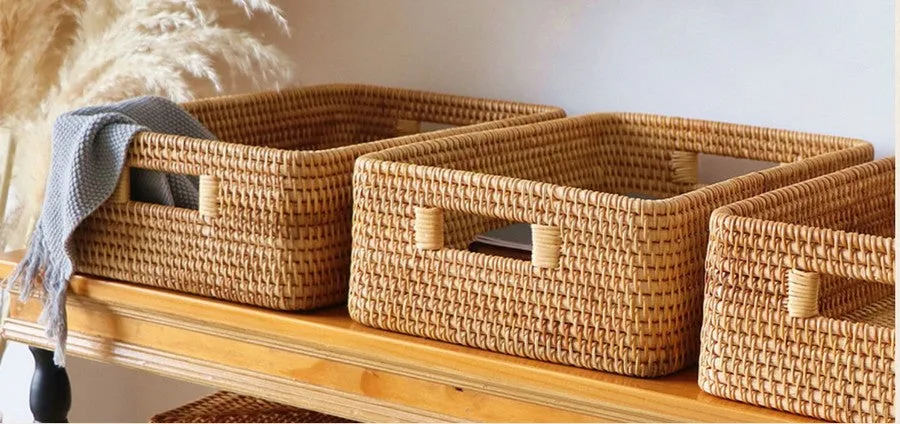 Rattan Storage Baskets for Kitchen, Rectangular Storage Baskets for Pantry, Storage Baskets for Shelves, Woven Storage Baskets for Bathroom