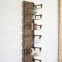 Recycled Wood & Metal Wall Rack W Six Wire Storage Baskets