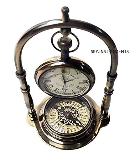 Sky Instrument Brass Nickil Hanging Watch Victoria London Antique Brass Hanging Table Watch with Directional Compass Full Brass Frame for Your Office Table Best Gift for You