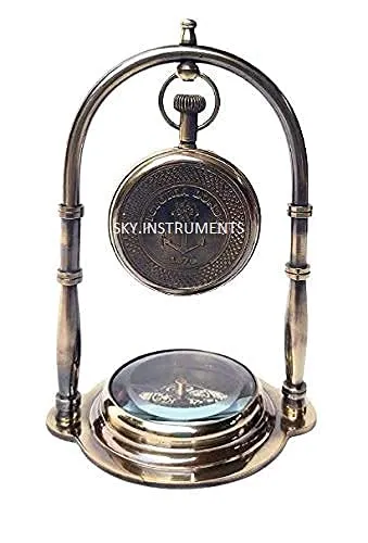 Sky Instrument Brass Nickil Hanging Watch Victoria London Antique Brass Hanging Table Watch with Directional Compass Full Brass Frame for Your Office Table Best Gift for You