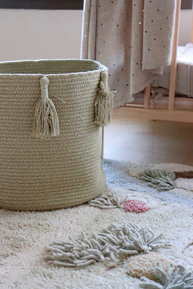 STORAGE BASKET FRINGES WOODY OLIVE