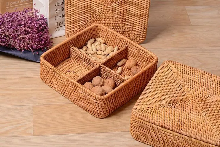 Storage Basket with Lid, Rattan Square Basket, Storage Basket with Lid, Kitchen Storage Baskets