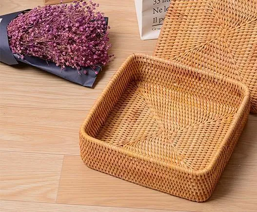 Storage Basket with Lid, Rattan Square Basket, Storage Basket with Lid, Kitchen Storage Baskets