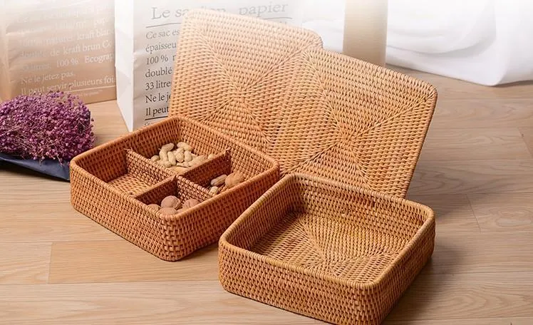 Storage Basket with Lid, Rattan Square Basket, Storage Basket with Lid, Kitchen Storage Baskets