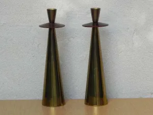 Tall Pair Italian Modern Brass Rosewood Cone Candlestick Holders