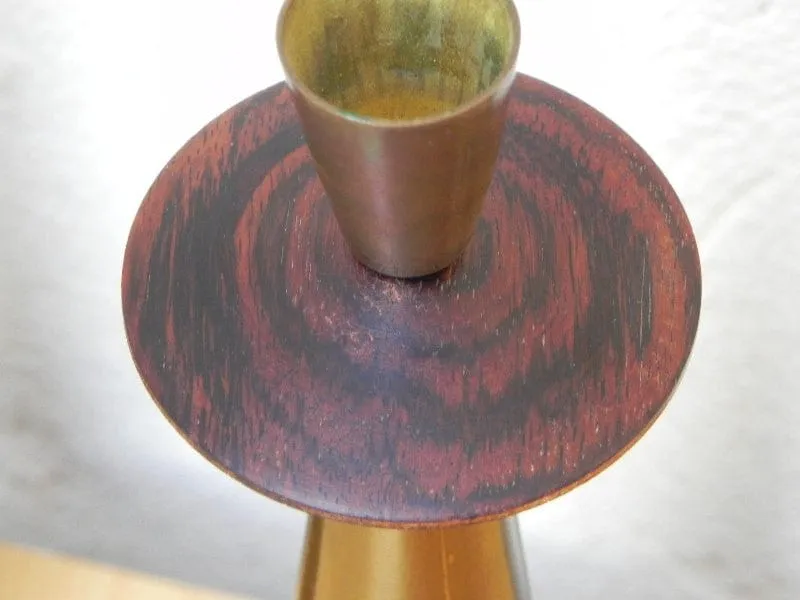 Tall Pair Italian Modern Brass Rosewood Cone Candlestick Holders