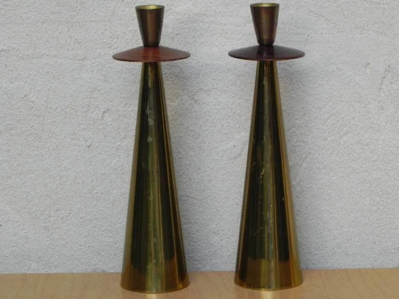 Tall Pair Italian Modern Brass Rosewood Cone Candlestick Holders