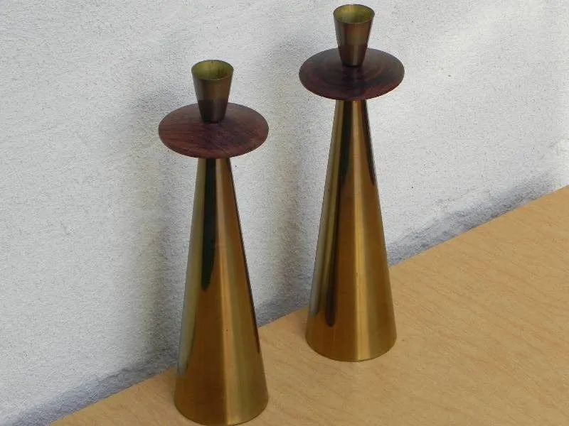 Tall Pair Italian Modern Brass Rosewood Cone Candlestick Holders