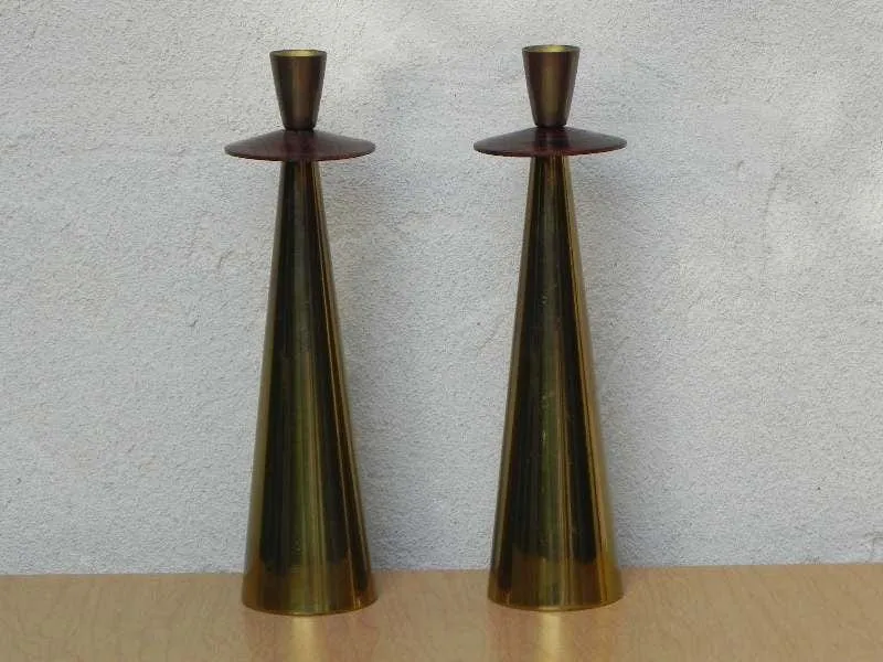 Tall Pair Italian Modern Brass Rosewood Cone Candlestick Holders