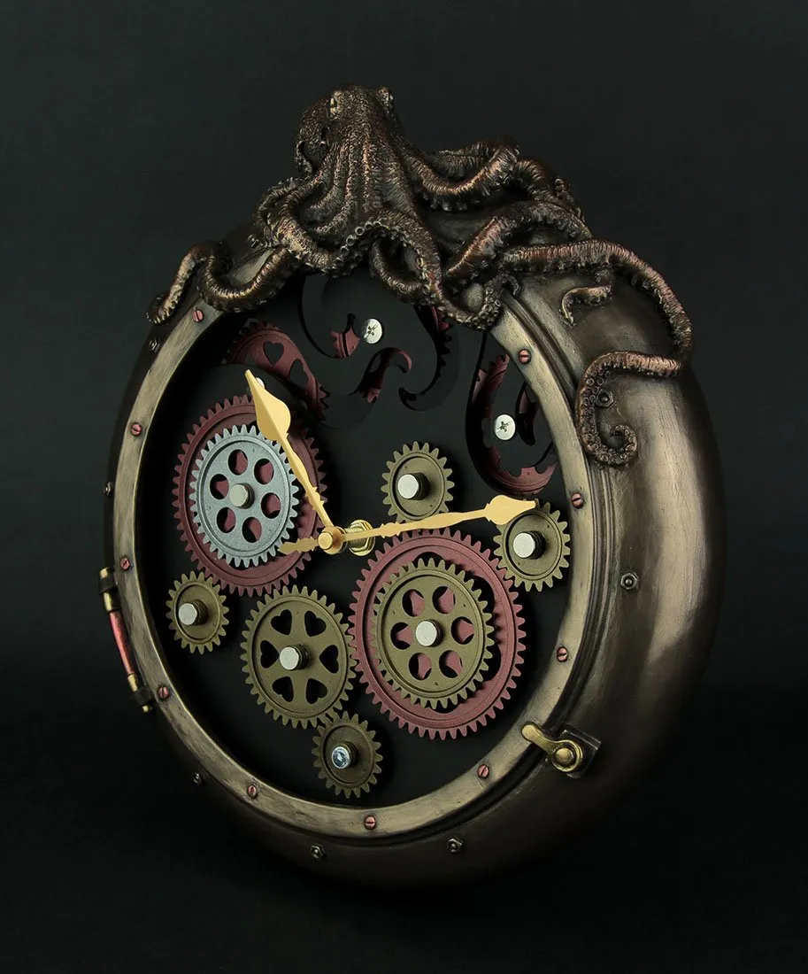 Veronese Design Steampunk Bronze Finish Octopus Porthole Wall Clock with Moving Gears