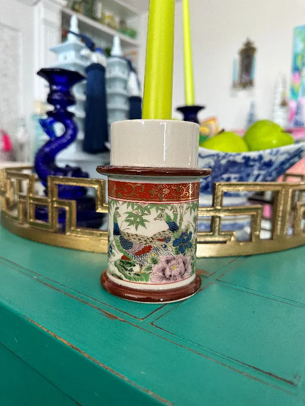 Vintage Candle Holder Chinoiserie, Peacock Motif