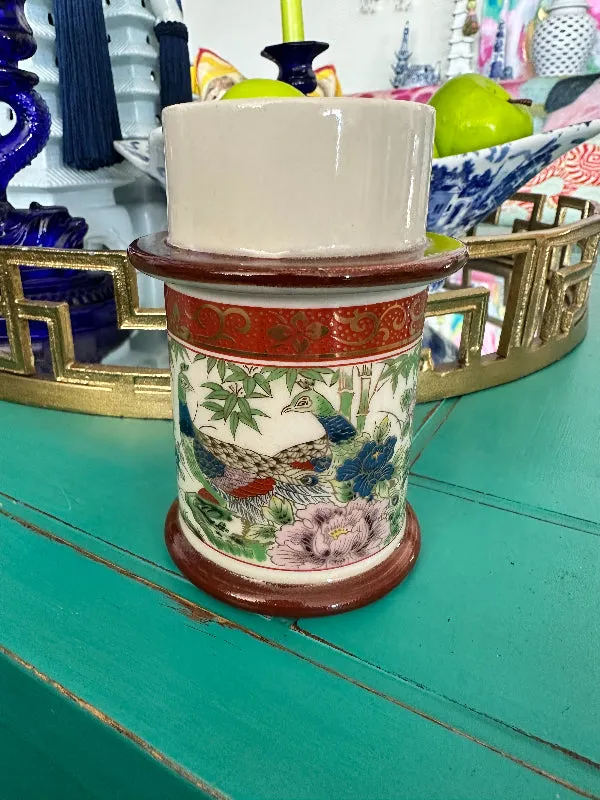 Vintage Candle Holder Chinoiserie, Peacock Motif