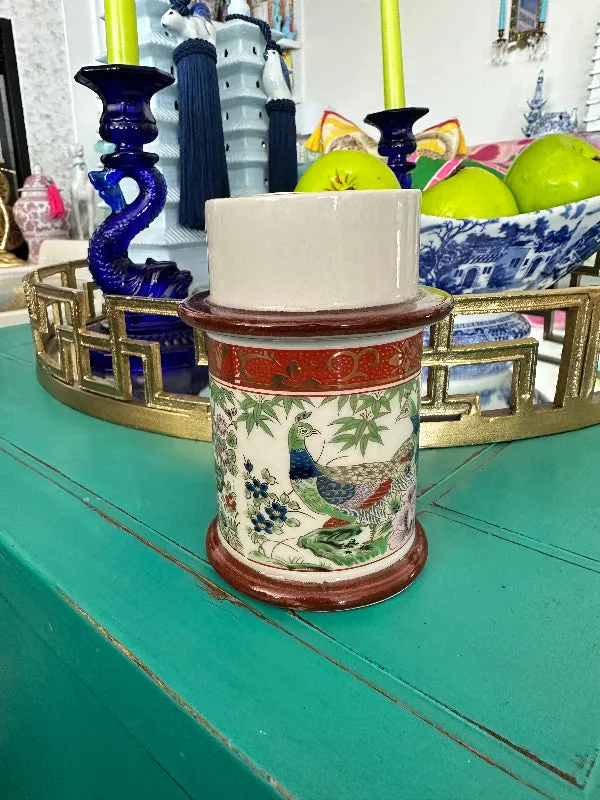 Vintage Candle Holder Chinoiserie, Peacock Motif