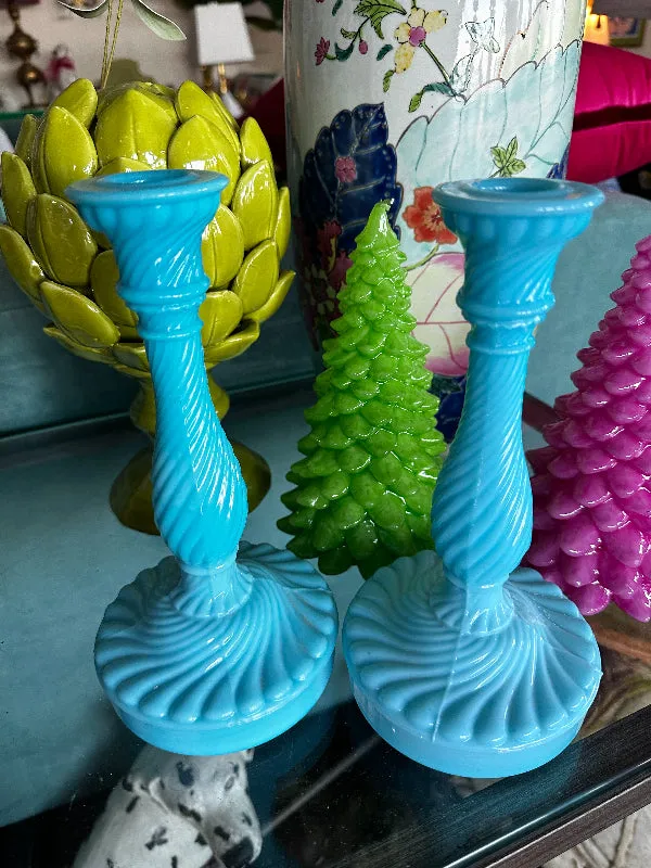 Vintage Candle Holders, Blue Opaline, Portieux Vallerysthal, Blue Opaline Milk Glass