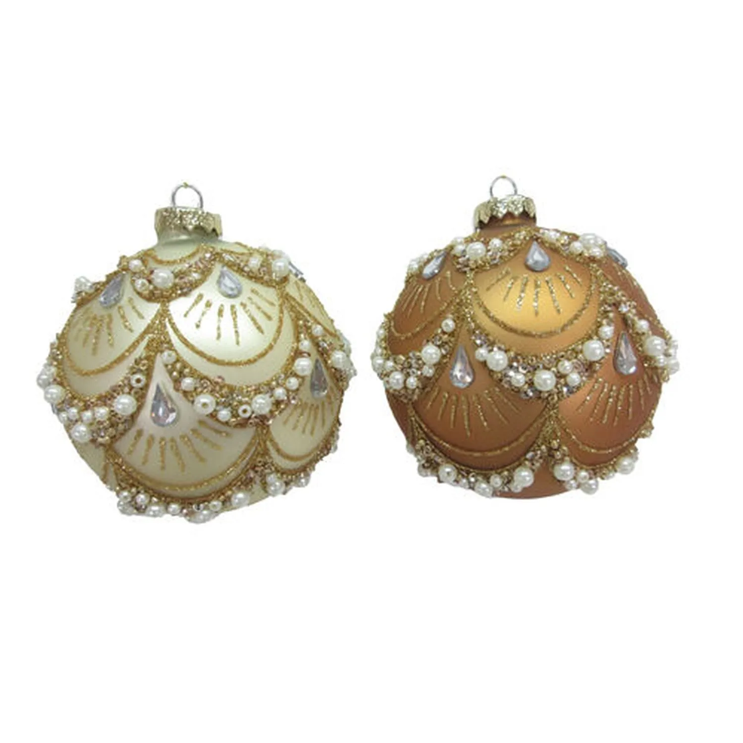 Winter Melody Set Of 2 Assortment Gold/Cream Jeweled Ball Ornaments