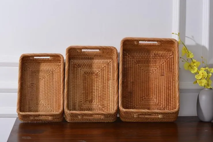 Woven Rectangular Basket with Handle, Rattan Storage Basket for Shelves, Woven Storage Baskets for Bathroom