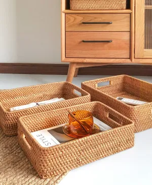 Woven Rectangular Basket with Handle, Rattan Storage Basket for Shelves, Woven Storage Baskets for Bathroom