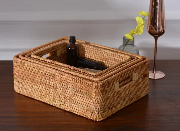 Woven Rectangular Basket with Handle, Rattan Storage Basket for Shelves, Woven Storage Baskets for Bathroom