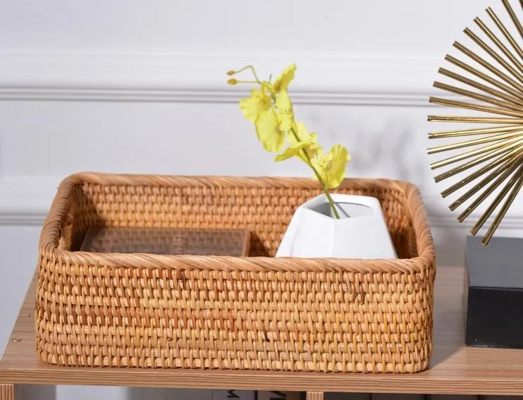 Woven Rectangular Basket with Handle, Rattan Storage Basket for Shelves, Woven Storage Baskets for Bathroom