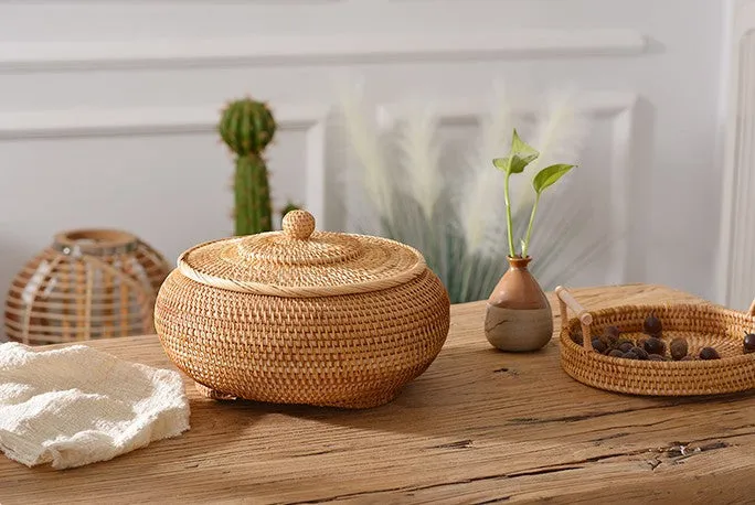 Woven Storage Basket for Kitchen, Round Storage Basket, Rattan Baskets, Small Storage Baskets, Handmade Storage Baskets, Round Storage Basket with Lid