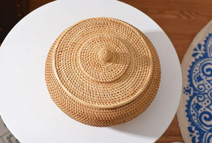 Woven Storage Basket for Kitchen, Round Storage Basket, Rattan Baskets, Small Storage Baskets, Handmade Storage Baskets, Round Storage Basket with Lid