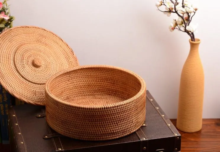 Woven Storage Basket with Lid, Large Rattan Baskets, Round Basket for Kitchen, Storage Baskets for Shelves