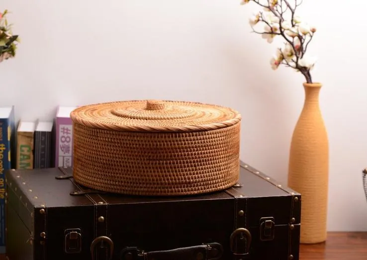 Woven Storage Basket with Lid, Large Rattan Baskets, Round Basket for Kitchen, Storage Baskets for Shelves