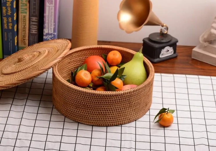 Woven Storage Basket with Lid, Large Rattan Baskets, Round Basket for Kitchen, Storage Baskets for Shelves