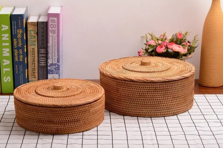 Woven Storage Basket with Lid, Large Rattan Baskets, Round Basket for Kitchen, Storage Baskets for Shelves