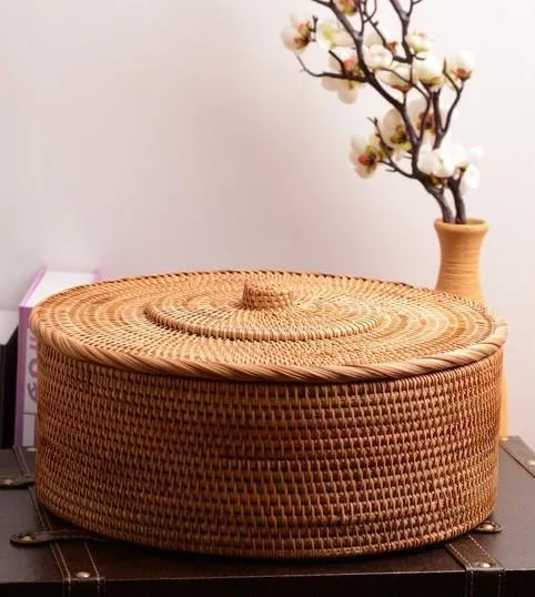 Woven Storage Basket with Lid, Large Rattan Baskets, Round Basket for Kitchen, Storage Baskets for Shelves